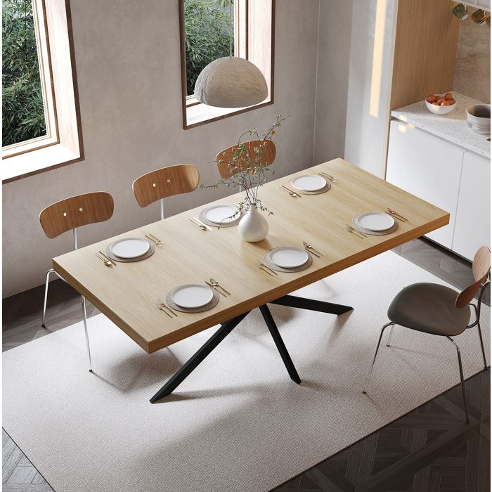 COVREO Table à manger extensible 140-180 cm rectangulaire avec rangement dissimulé MDF et métal noir naturel