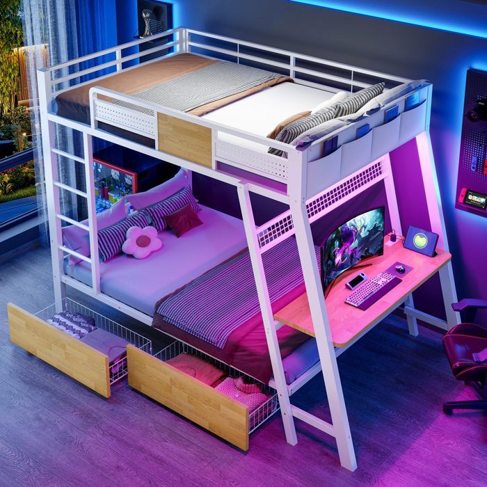 Lit superposé 90×200cm métal bureau avec prises électriques ports USB Type-C LED 2 paniers de rangement lit gaming pour jeunes blanc
