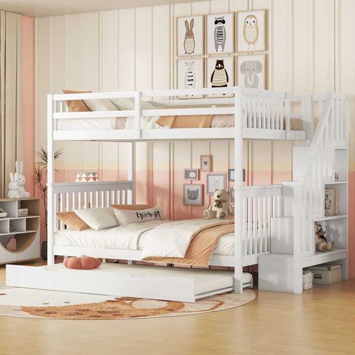 Lits superposés enfant 2 x 90x200 cm avec lit à roulettes 92×191cm - Décor pin et Blanc Ombre - Sommiers inclus