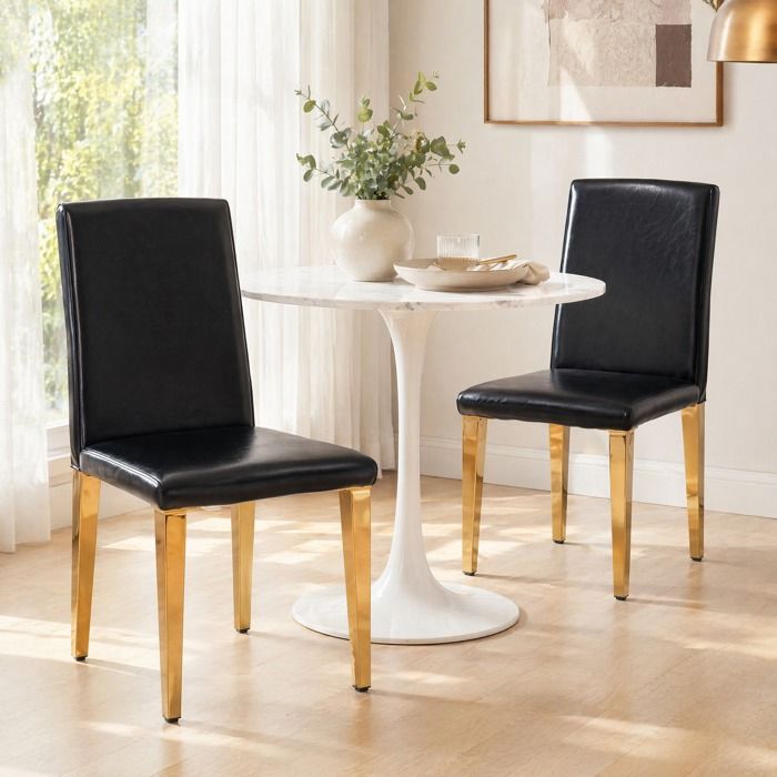 MEUBLIV Lot de 2 chaises de salle a manger minimalistes en PU noir et pieds en metal dores dossier haut 90 cm