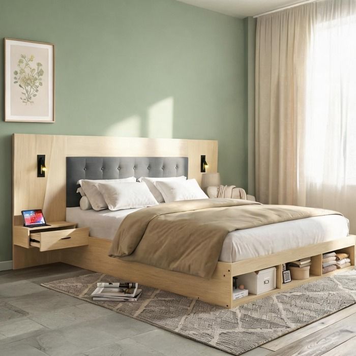 Lit double 160x200 cm chêne clair MDF avec chevets lampes USB-C et rangement