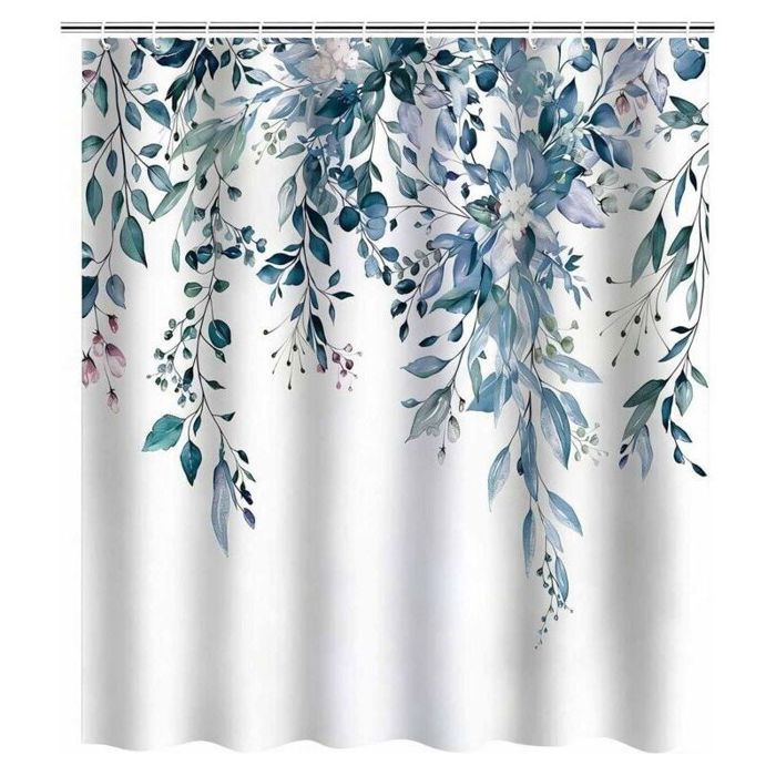 Rideau de Douche en Polyester Bleu Floral résistant à la moisissure et à loïdium Doté dun nombre suffisant de crochets séchage