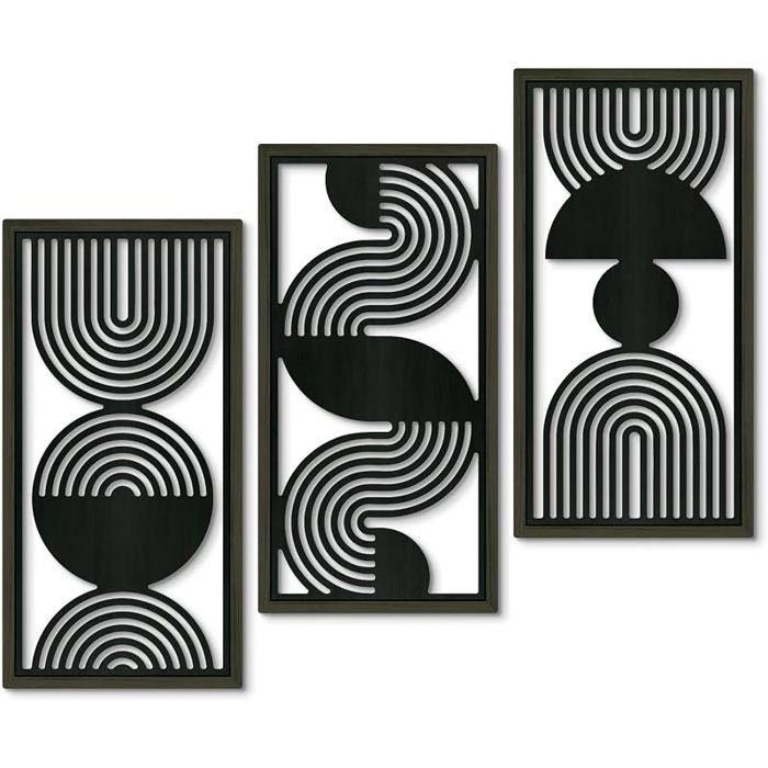 Decor Lot 3 tableaux encadrés art abstrait noir bnc géométrique lignes arc rétro moderne cadres noirs no OBJET DE DECORATION MURALE