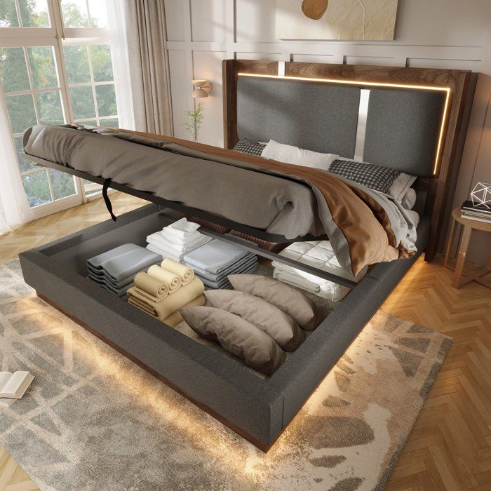 Lit Coffre Hydraulique 160x200 cm Lit Double Rembourré Éclairage LED Grand Rangement Sommier à Lattes - Lin - Gris et Noyer