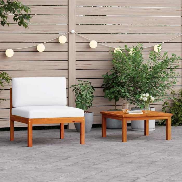 Salon de Jardin 2 Pièces avec Coussins en Blanc Crème 65 x 65 x 60 cm en Bois d’acacia massif avec ensemble coordonné 124099