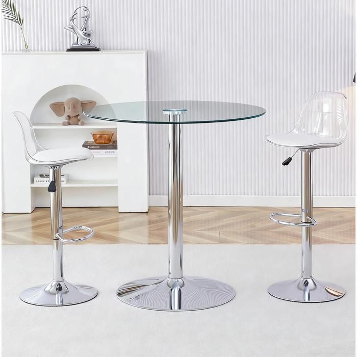 Set de bar - table haute ronde en verre 89 cm avec 2 tabourets reglables et pivotants - argent et transparent
