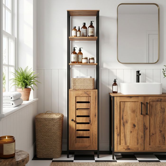 Meuble colonne de salle de bain industriel 3 étagères ouvertes porte à lamelles étagères réglables marron rustique