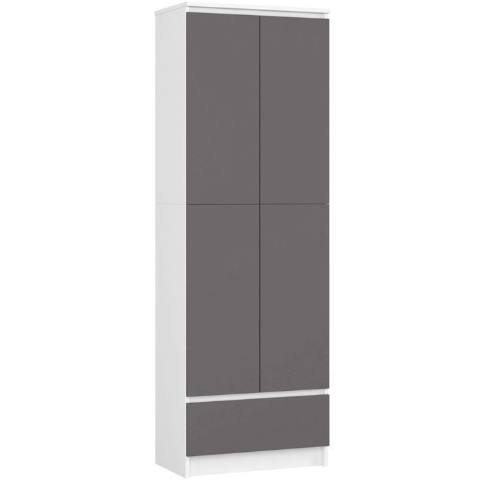 Bibliothèque de bureau Armoire AKORD R60 Blanche 60 cm 2 portes 1 tiroir façade Gris Graphite 4 étagères 60x35x180 cm Bibliothèque de bureau Armoire AKORD R60 Blanche 60 cm 2 portes 1 tiroir façade Gris Graphite 4 étagères 60x35x180 cm