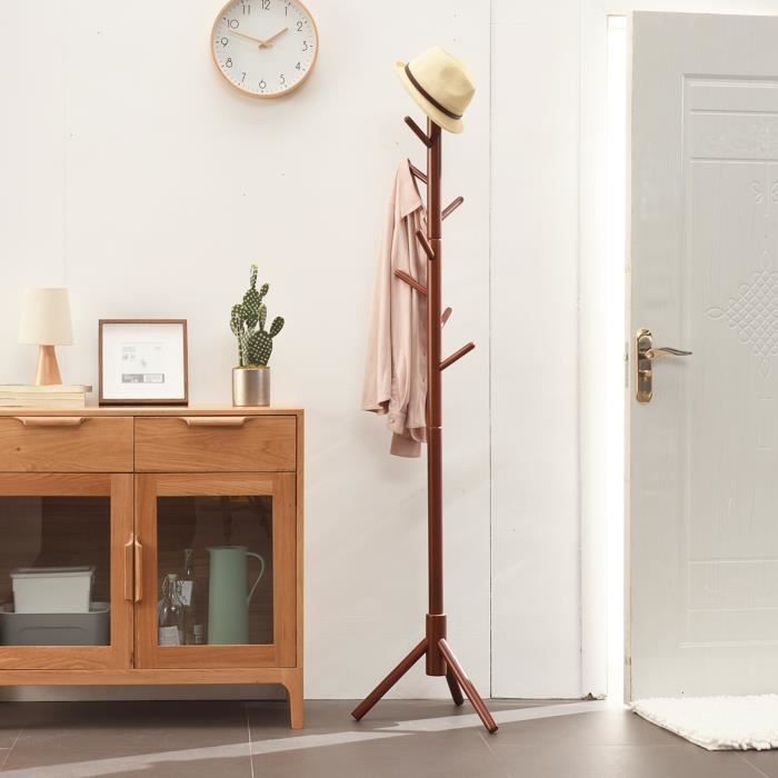 Porte-Manteau Bois Massif WOLTU 180cm - 8 Crochets, Blanc Et Naturel, Stable