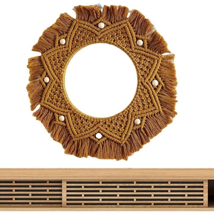 Miroir Mural Suspendu avec Franges en Macramé Rond Boho Miroir Art Décor pour Appartement Salon