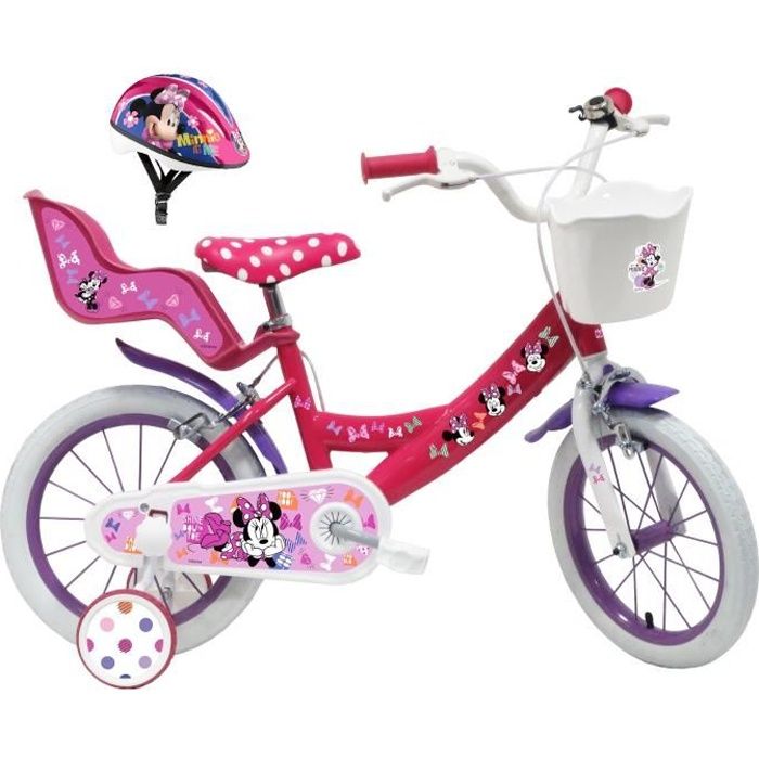Vélo enfant Fille 14'' Minnie / Disney (taille enfant 90cm à 105cm) équipé de 2 freins, porte poupée, panier avant + Casque Minnie