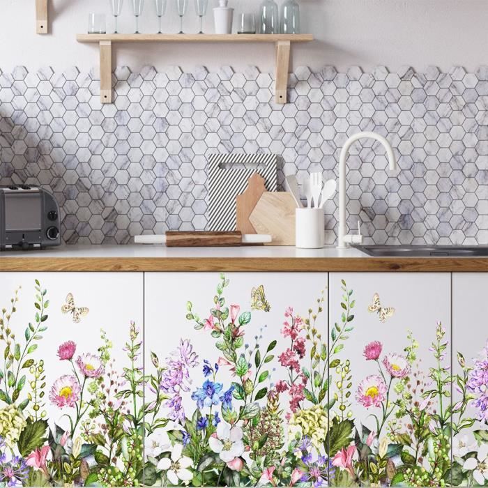 Autocollant mural de fleurs colorées autoollant mural de feuilles fraîches vertes de fleur de jardin