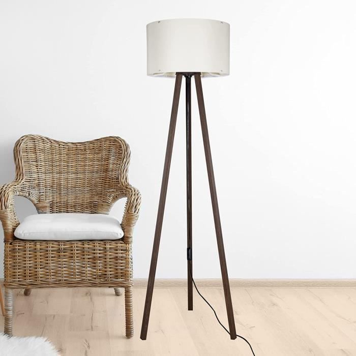 Lampadaire Trépied Bois OUTON Avec Étagère - Variateur, 4 Températures Couleur, Minuterie 1H, Abat-jour Lin