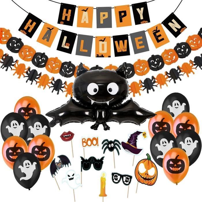 Kit Décoration Halloween - Guirlande, Bannières, Ballons (fantômes, Citrouilles, Araignées) - Pour Intérieur Et Extérieur