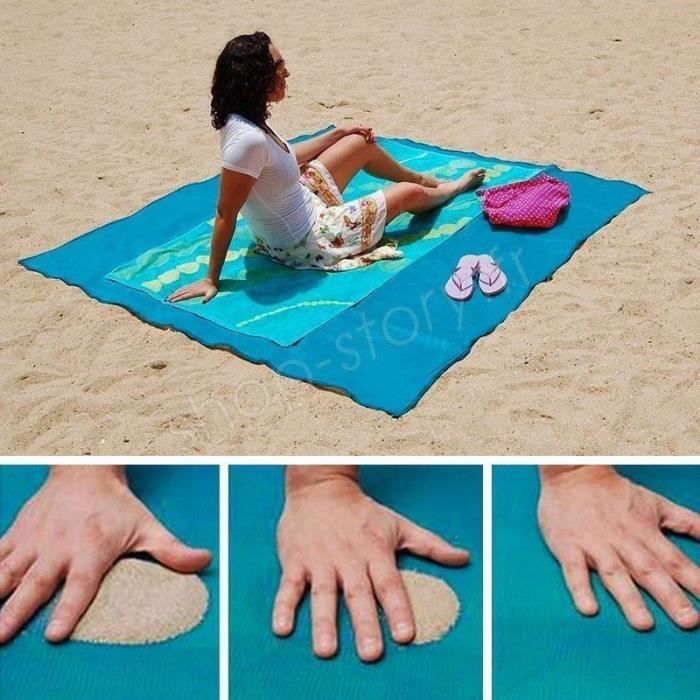 Tapis de plage bleu 150 x 200 cm-serviette anti sable avec 4 piquets pour plage, camping, pic-nic
