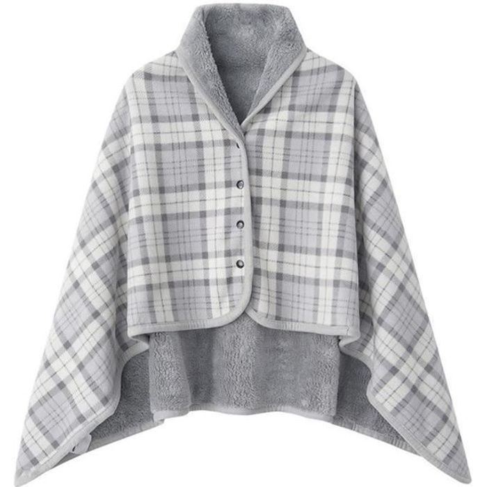 Femme Poncho Polaire Sweat Plaid Châle Polaire Cape Chaud d'hiver avec Boutons Couverture à Carreaux