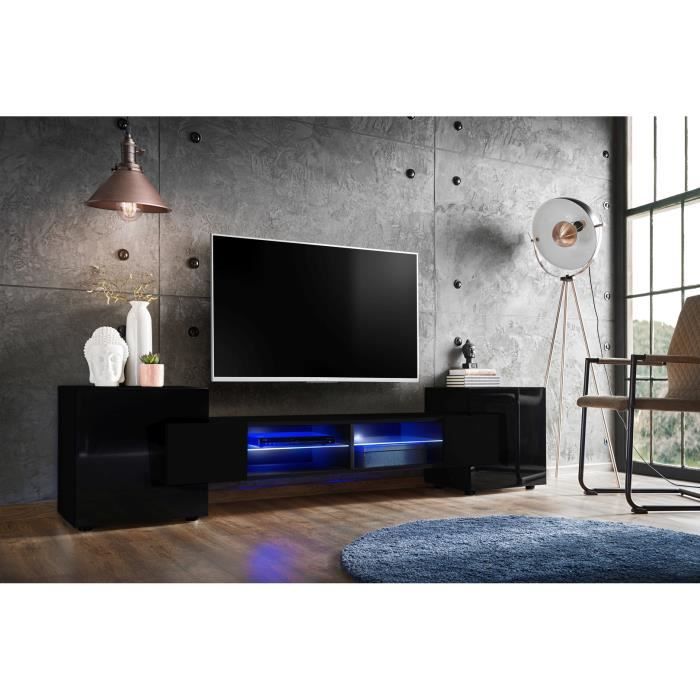 Meuble TV Merano Version 1 Komodee - LED Bleues - Noir Brillant et Noir - 230 x 53 x 35 cm