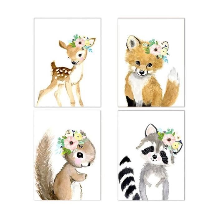 Poster bébés animaux mignons. Peintures imprimées sur toiles. Renard  écureuil hérisson girafe ours chouette