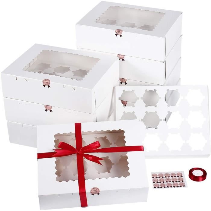 Cupcake Boîte,10 Pcs Boîtes à Gâteaux Blanches en Carton Lot de 12 Cupcakes avec La Fenêtre 32.5X 25x 9cm avec 1 Rouleau de Ruban