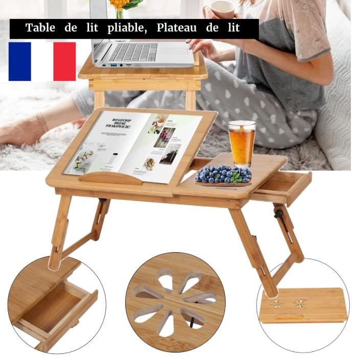 table de lit pliable en bambou mill - plateau ajustable - petit tiroir - marron