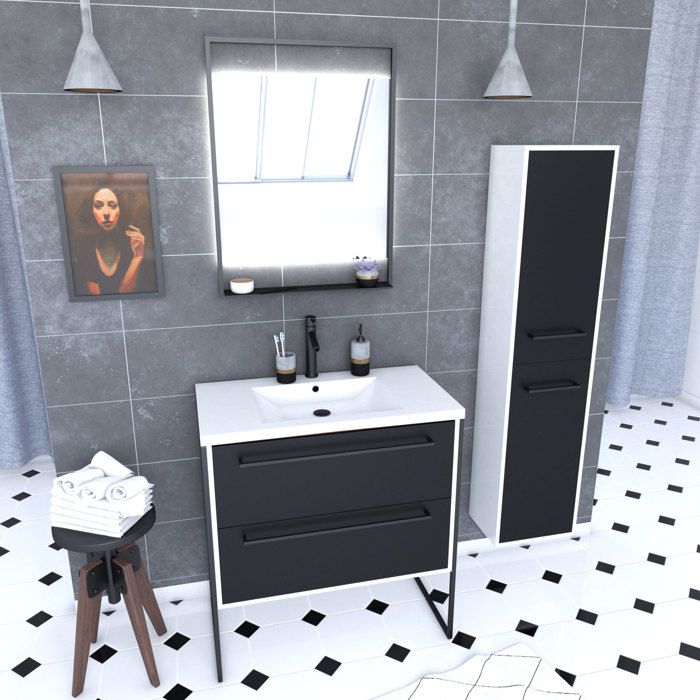 Meuble Salle de Bains 80 cm Vasque Blanche Miroir Led et Colonne - Blanc et Noir - STRUCTURA