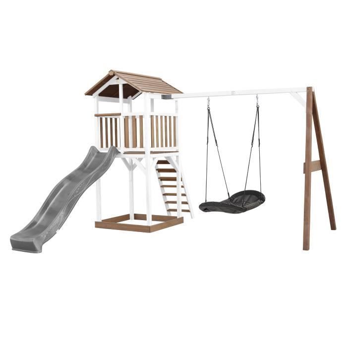 AXI Beach Tower Aire de Jeux avec Toboggan en gris, Balançoire Nid d'oiseau noir & Bac à Sable | Grande Maison enfant extérieur