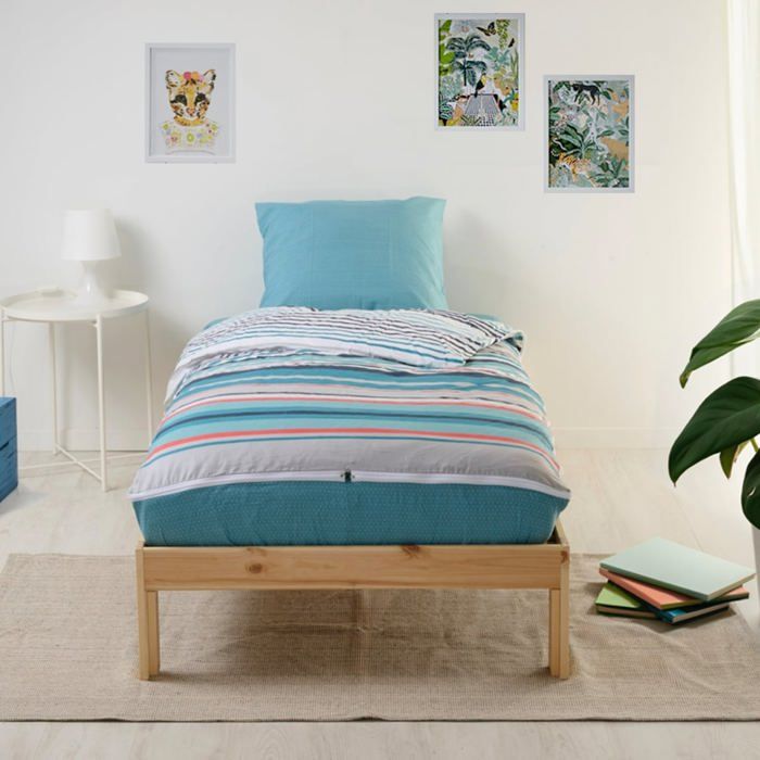 Parure de Lit Enfant Caradou® Ritmo Rayures en Coton 4 pièces: Couchage tout-en-un avec couette - 90x190cm - BLEU CALIN
