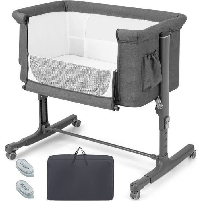 Lit bébé Cododo 3 en 1 Portable - DREAMADE - 5 Hauteurs Réglables Berceau Maille Respirante 0-6 Mois Gris Idée Cadeau Naissance