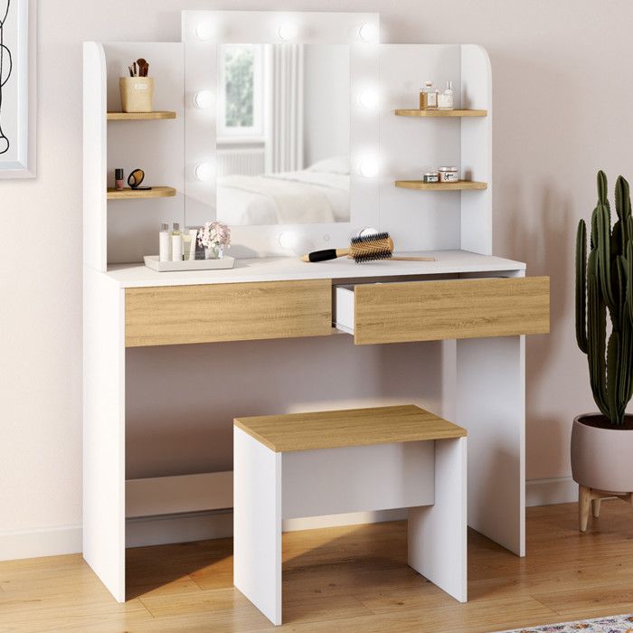 IDMARKET Coiffeuse ZELIA blanc et hêtre table de maquillage 4 étagères miroir LED et tabouret IDMARKET Coiffeuse ZELIA blanc et hêtre table de maquillage 4 étagères miroir LED et tabouret