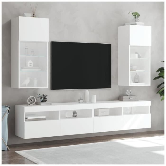 Meuble TV - KEENSO - 405x30x90 cm - Bois dingénierie - Lumières LED - Design contemporain