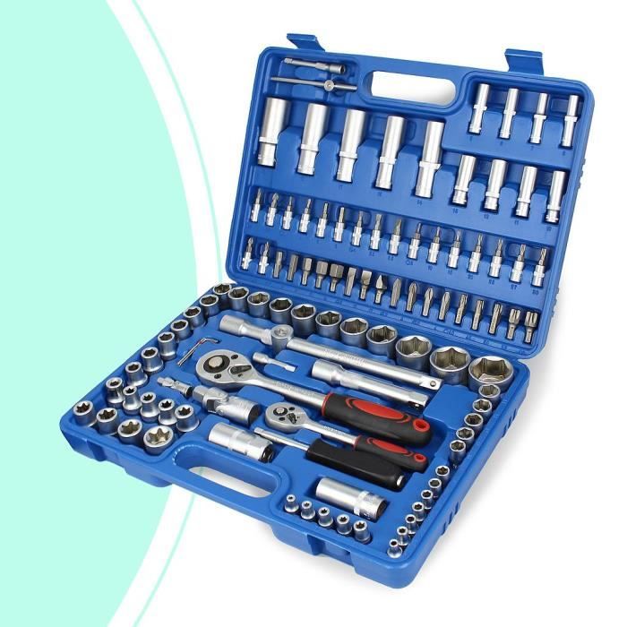 Coffret Clé à Cliquet et Embouts, Jeu de Clés à Douille, avec une mallette bleue, 108 pièces, Dimensions: 38,5 x 27 x 8,5 cm