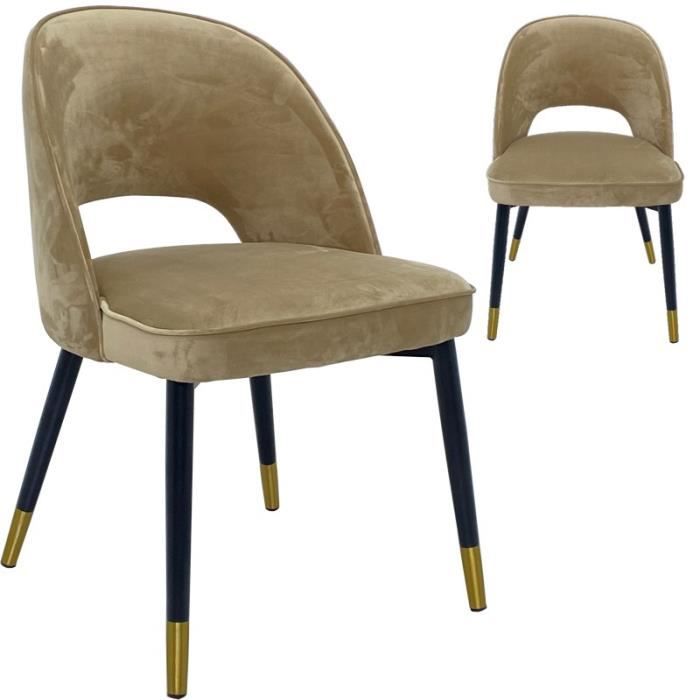 lot de 2 chaises haut de gamme darly en velours taupe avec pieds noirs et détails or