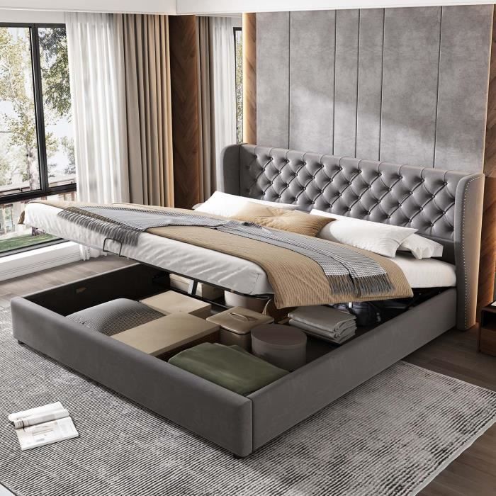 Lit adulte coffre 160x200cm en velours gris - MODERNLUXE - Sommier à lattes - Espace de rangement