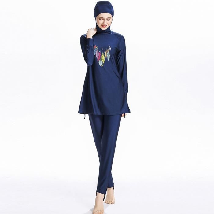 Femmes musulmanes maillot de bain Couverture Complète beachwear islamique Burqini Feuilles-Impression Burkini Swimsuit bleu