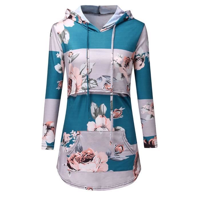 Ensemble Maternité Manches Longues Pyjama Allaitement SANFASHION - T-shirt Manches Longues Grossesse, Confortable Tenue Nuit Femme Enceinte