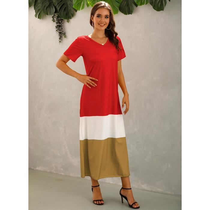 Robe Femme Longue Col V Manches courtes Casual Tricolore Jointive Rouge - Cdiscount Pr??t-?�-Porter