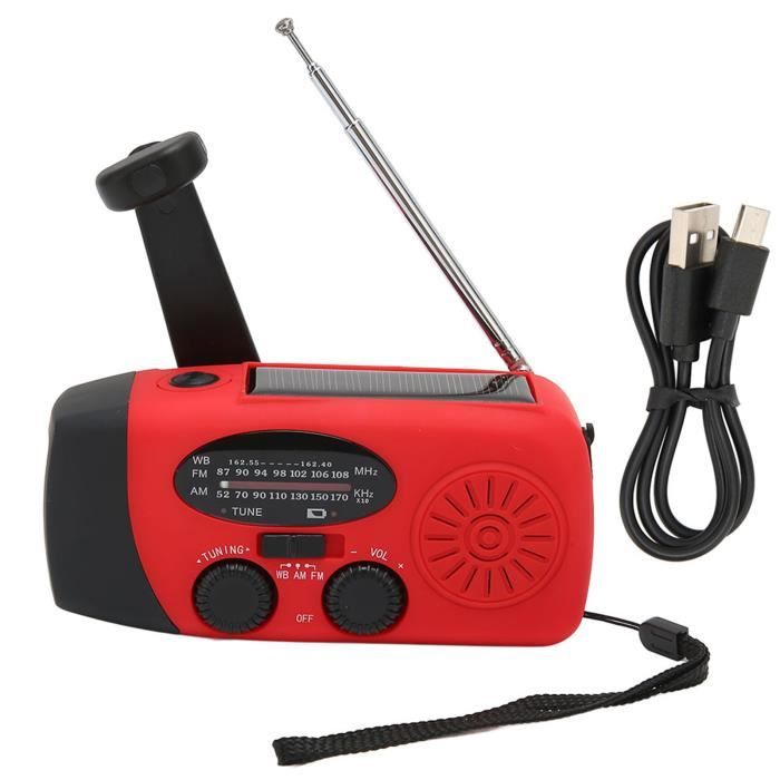 Radio Solaire Portable à Manivelle avec Lampe de Poche LED, Fonction de Batterie Externe - Rouge Radio Solaire Portable à Manivelle avec Lampe de Poche LED, Fonction de Batterie Externe - Rouge