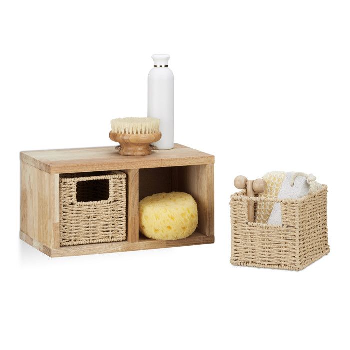 2x Etageres cube rangement 4 paniers amovibles corbeille bois noyer couloir chambre cuisine montage mural nature