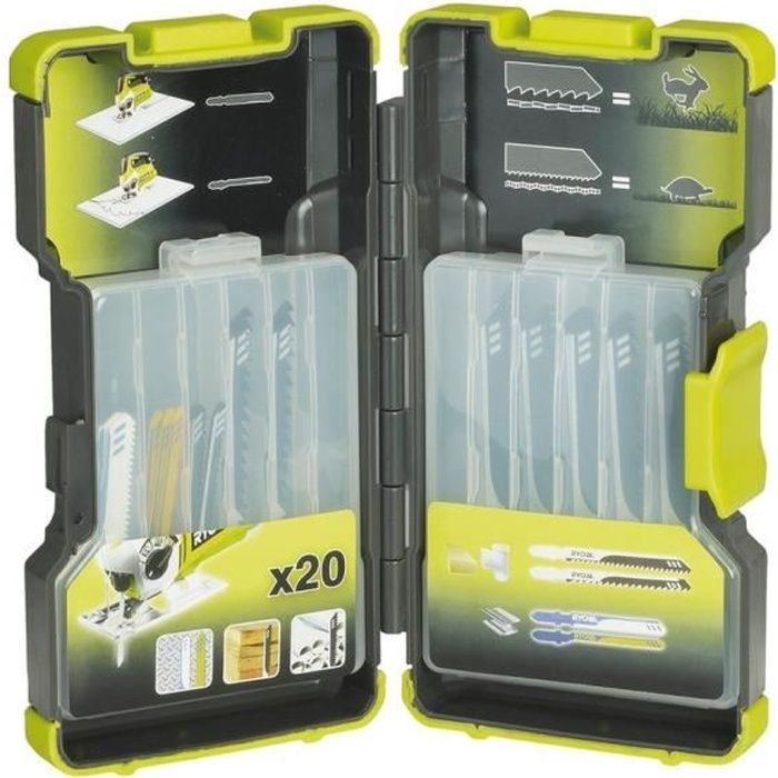 RYOBI - Coffret 20 lames scie sauteuse panachées bois et métal 75 et 100 mm TPI 6 / 8 / 10 / 12 / 14 / 20 / 24 - RAK20JB