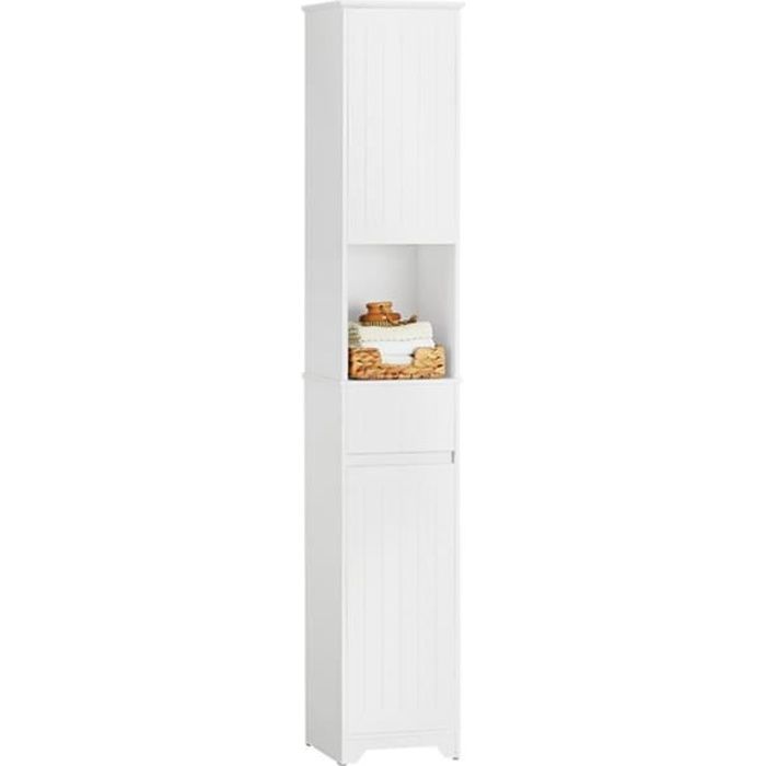 SoBuy BZR109-W Meuble Colonne de Salle de Bain sur Pieds avec 2 Portes et 1 Tiror et 1 Compartiment Ouvert 30x30x170 Blanc