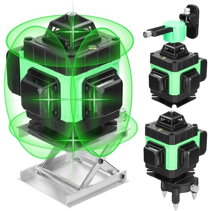 Niveau Laser 360 4D 16 Lignes avec D'auto-Nivellement de 3° du Niveaux à Bulle Laser Vert Rotatif IP54 2xBatteries Rechargeables Outil de Niveau Laser en Croix Verte Vertical Horizontal