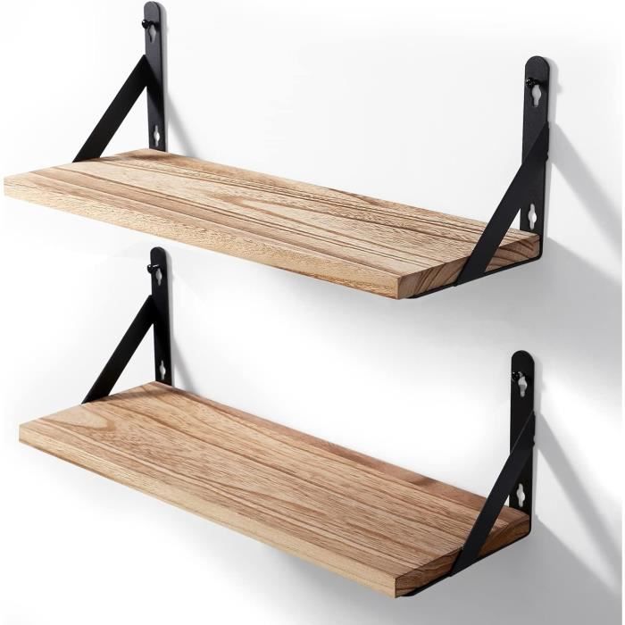 Lot De 2 étagères Murales Flottantes En Bois De Sapin Et Acier Noir Etageres De Cuisine A Ustensiles 6 Crochets Amovibles