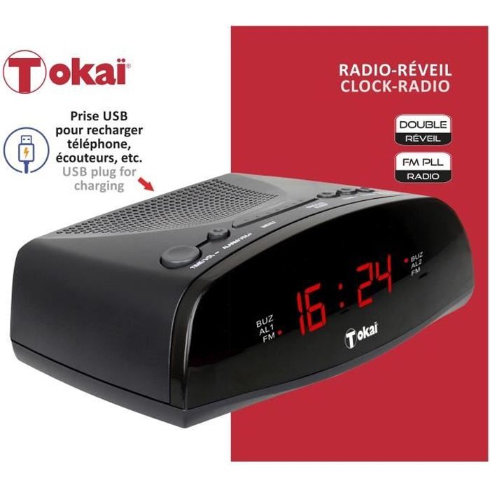 RADIO-RÉVEIL NOIR AVEC PRISE USB POUR RECHARGE DE TÉLÉPHONE - TOKAï