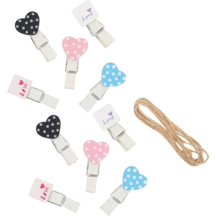 Feelorna Lot 20 Mini Pinces à Linge Cœur Blanc + 2m Corde Jute – Idéal Décoration Photos DIY Mariage Anniversaire