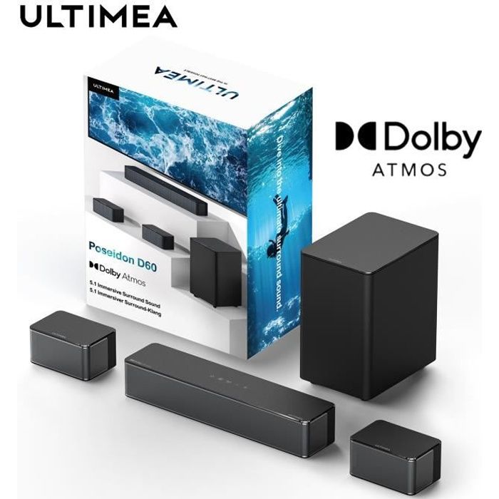 Ultimea Barre de son Dolby Atmos 5.1 CH soundbar avec subwoofer sans fil, Enceintes Surround