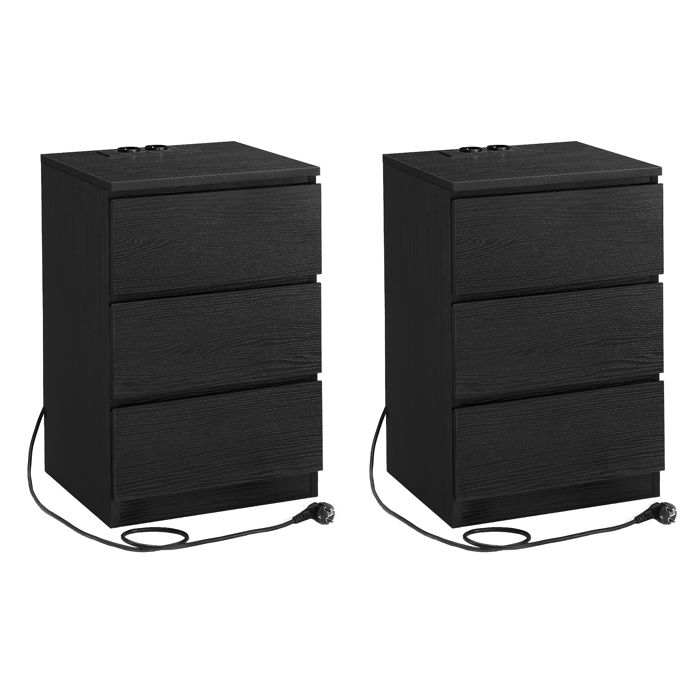 VASAGLE Table de Chevet avec Multiprise Lot de 2 Table d’Appoint avec 3 Tiroirs 2 Prises CA 2 Ports USB Moderne Noir