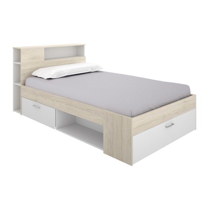 Lit avec tête de lit rangements et tiroir - 120 x 190 cm - Coloris : Naturel et blanc - LEANDRE Lit avec tête de lit rangements et tiroir - 120 x 190 cm - Coloris : Naturel et blanc - LEANDRE