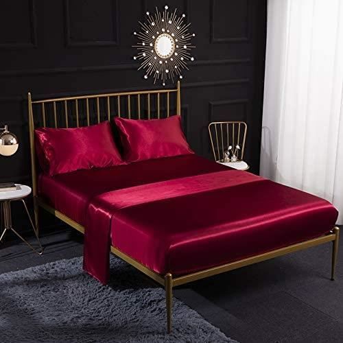 Parure de lit 4 pièces en satin de soie Drap Housse 153*203+30cm - Drap Plat 2 Personne 228 x 259 cm - 2 Taie doreiller 50x76cm C