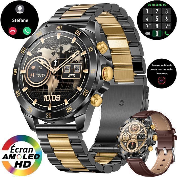 Montre Connectée Homme XtraDiTech Bracelet Acier INOX Noir Doré Contrasté Luxueux 143 AMOLED Appel Bleutooth Assistant Vocal Micro