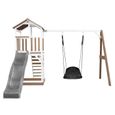 AXI Beach Tower Aire de Jeux avec Toboggan en gris,  Balançoire Nid d'oiseau noir & Bac à Sable | Grande Maison enfant extérieur-1